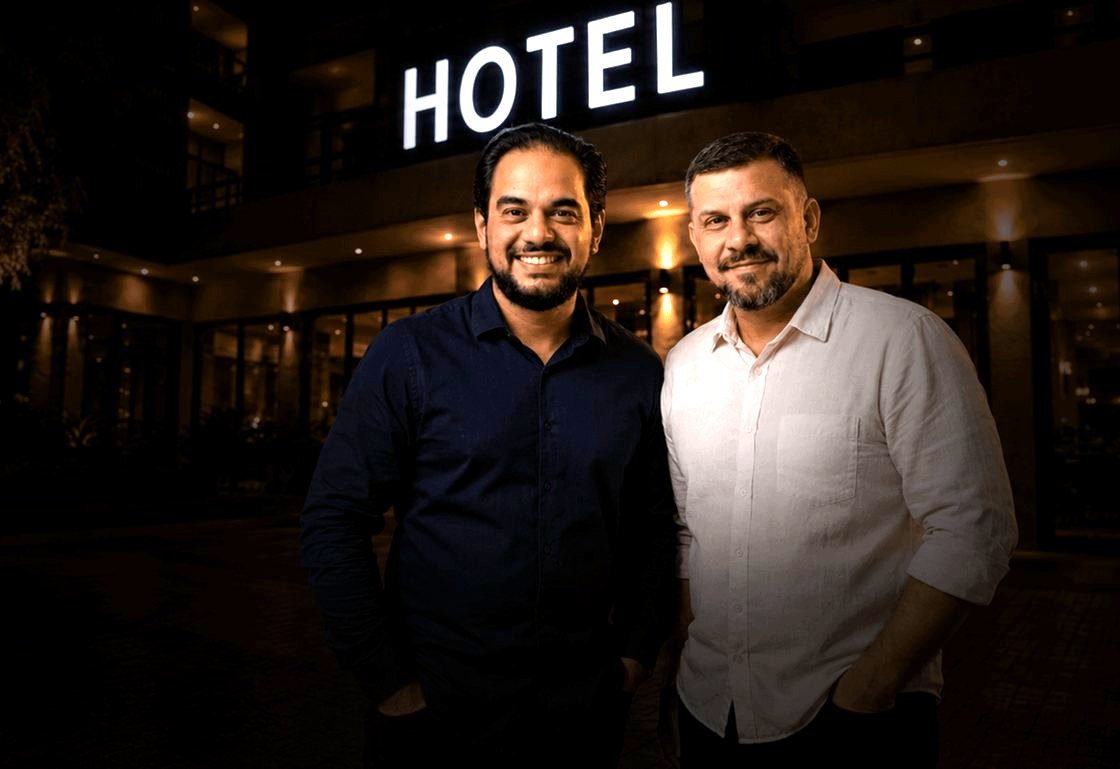 Pérsio Vieira e equipe em frente ao hotel